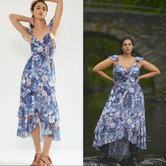 Anthropologie | Dresses | New Anthropologie Hutch Floral Print Ruffled Slip  Midi Dress Blue White Size 6w | Poshmark